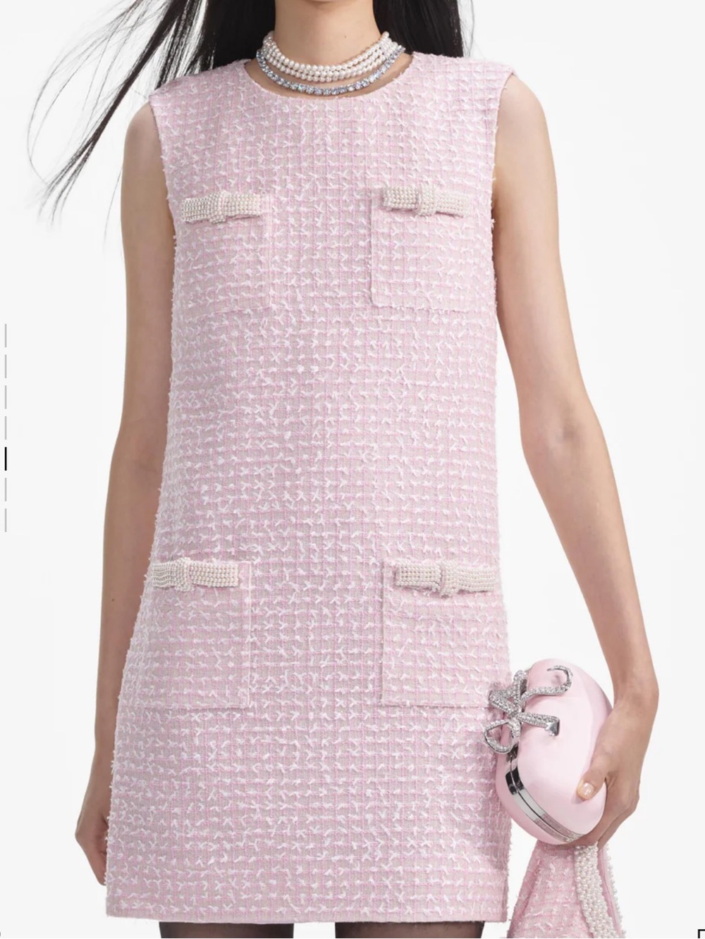 Self-Portrait Blush Pink Bouclé Pearl-Trim Mini Dress